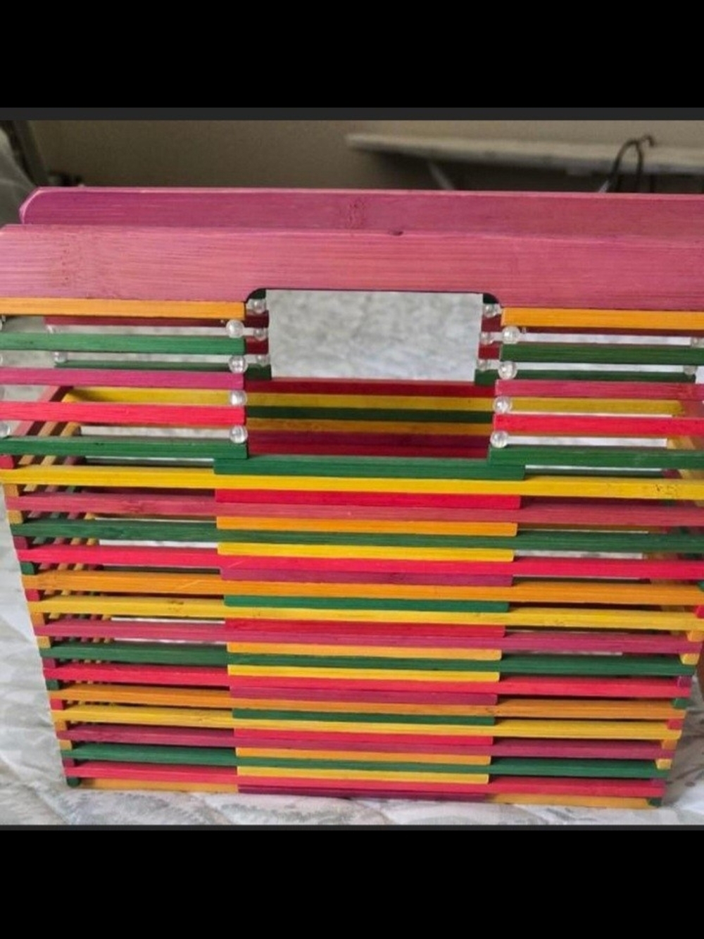Colorful Wooden Slatted Storage Box - Pink, Green & Yellow